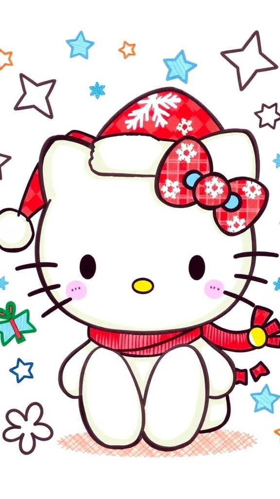 A festive Hello Kitty drawing in a Santa hat with Christmas decorations.